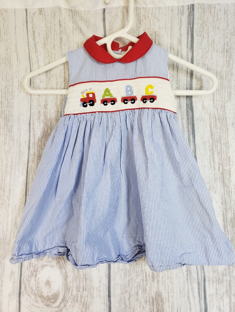 Babeeni Blue Striped Smocked Baby Dress Hand Smocked Train Embroidery Size 3